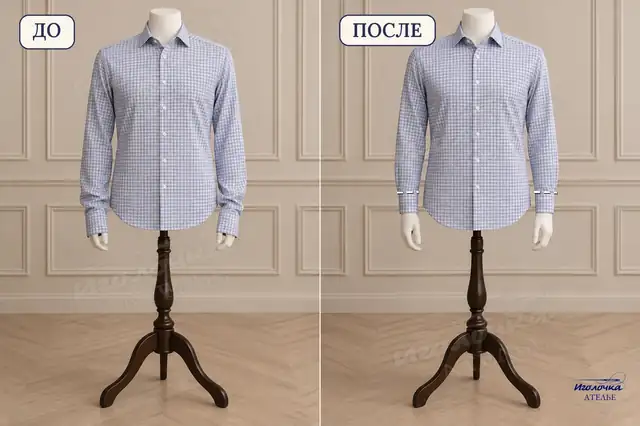 Укоротить рукава мужской рубашки через манжету — до и после, ателье Иголочка