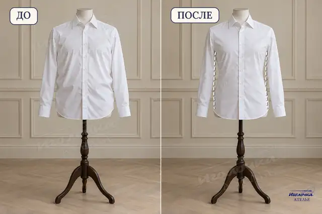 Ушить мужскую рубашку по бокам — до и после, ателье Иголочка