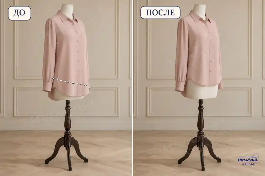 Укоротить блузку с полукруглым низом — до и после, ателье Иголочка